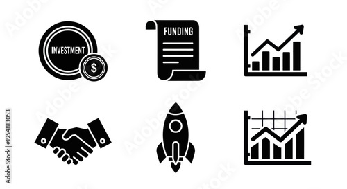 Startup Funding and Investment Icons: Rocket, Handshake, Growth Chart, Coin