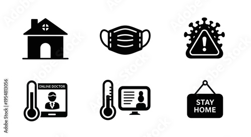 Coronavirus Safety Icons: Stay Home, Mask, Thermometer, Online Doctor, Virus Alert
