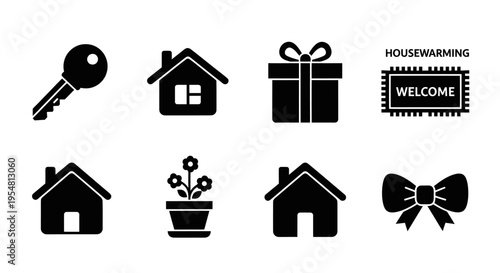 Housewarming Icon Set: Key, House, Gift, Welcome Mat, Potted Plant, Bow