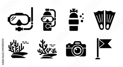 Scuba Diving Icon Set: Mask, Fins, Camera, Coral, Tank, Flag