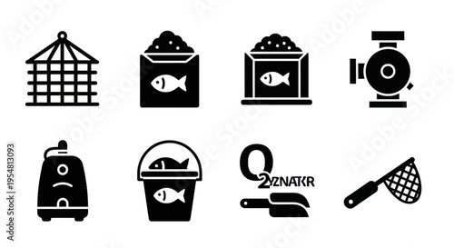 Aquaculture Equipment Icons: Net, Feed, Aerator, Bucket, Scoop, Pump