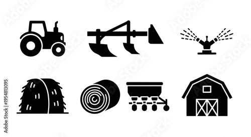 Farm Icons: Tractor, Plow, Sprinkler, Hay Bale, Seed Drill, Barn