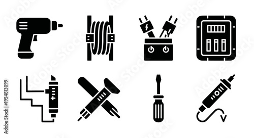 Electrical Tools and Equipment Icons Set - Black Silhouette Vector Graphics