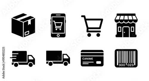 E-commerce icons: delivery truck, shopping cart, credit card, barcode, box, store, phone