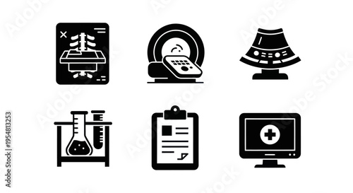 Medical Icons Set: MRI, X-ray, Ultrasound, Lab, Chart, Monitor
