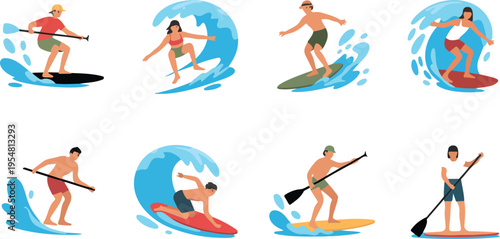 Flat vector illustration set of diverse people surfing on waves and stand up paddleboarding for summer vacation beach sports