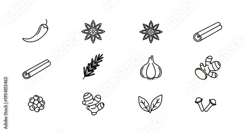A flat lay of various food and spice icons on a white background with a minimalist line art style.
