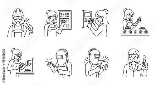 Line art illustrations of a female welder working with various tools and equipment in different scenarios.