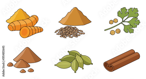 Flat lay of various spices and herbs including turmeric, coriander seeds, cinnamon sticks, and leaves on a white background.