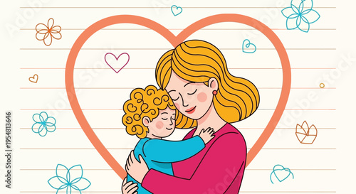 Mother and Child Hugging in Heart Outline Illustration for Mother's Day