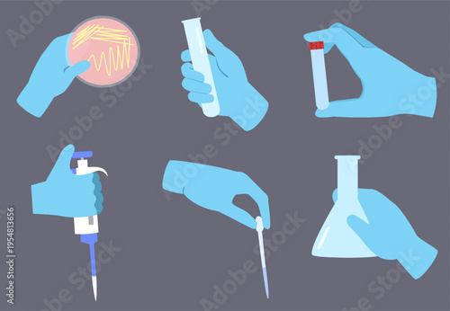 Lab tools in hand. Scientists holding laboratory instruments. Illustration set of laboratory equipment