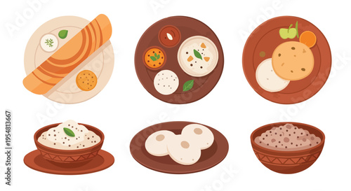 Flat lay illustration of six different types of food on wooden plates and bowls against a clean white background.