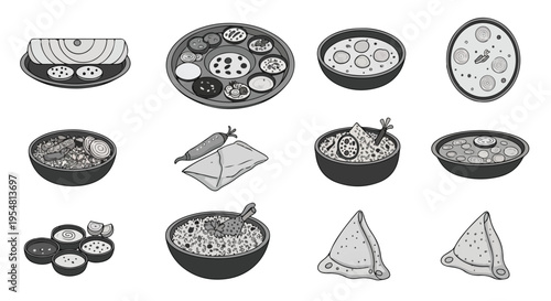 Black and white illustration set of various pizzas and slices on plates with a clean white background.