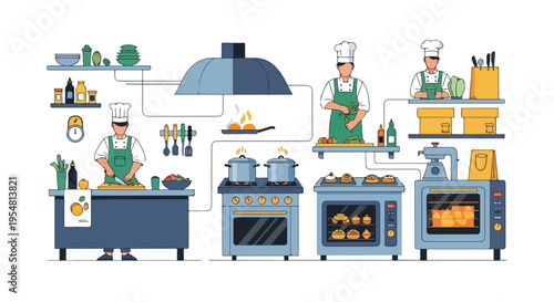 Flat illustration of two chefs preparing food in a commercial kitchen with various appliances and utensils on a white background.
