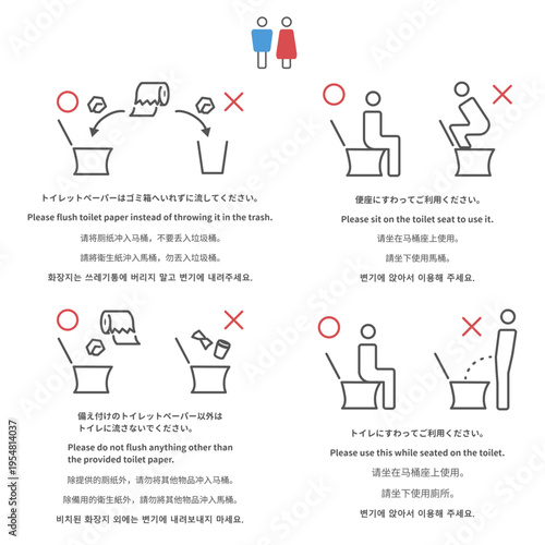 トイレのマナーと使い方の注意書き セット 多言語対応 インバウンド向け 案内サイン ピクトグラム 施設管理 公共トイレ 貼り紙 洋式トイレの座り方 トイレットペーパーの流し方 禁止事項 案内標識ベクターイラスト
