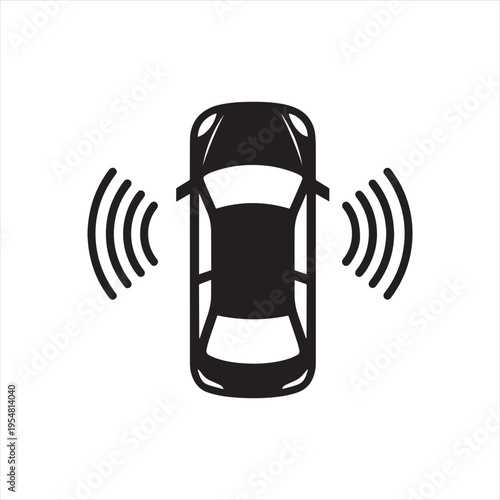 Top-down view black car parking sensor icon vector illustration for automotive safety, smart vehicle technology, and driver assistance systems