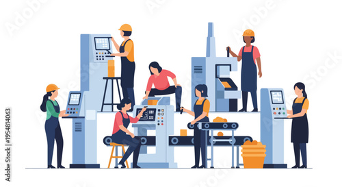 Illustration of workers in various industrial settings operating machinery and using computers with a focus on manufacturing processes and teamwork.