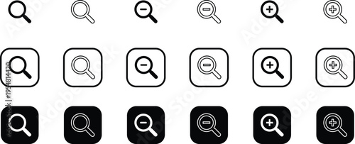 Magnifying glass search and zoom icons set for interface navigation and data discovery features in web applications and digital content viewers