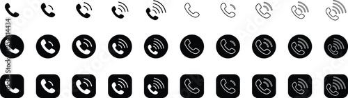 Telephone call icon collection with signal waves representing communication levels and incoming voice calls for business and personal connectivity