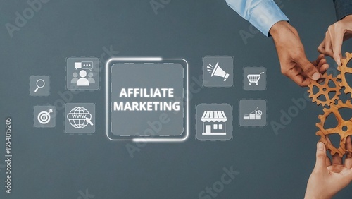 Vászonkép Two hands work together assembling gears above a digital display illustrating affiliate marketing while showcasing various online business strategies and tools