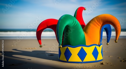Obraz na płótnie Colorful jester hat on sandy beach