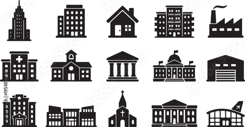 Architectural Icons: A collection of architectural icons featuring a diverse range of buildings including skyscrapers, houses, and industrial complexes.