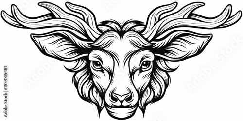 Mystical Stag Deer Head Vector - Ornate Antler Line Art Wildlife Illustration