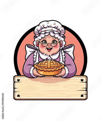 Cheerful grandmother character proudly presenting a delicious, hot, freshly baked lattice-top fruit pie