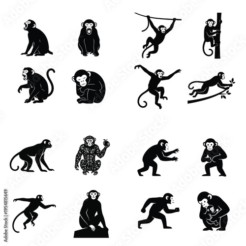 Collection of black monkey silhouettes in various dynamic poses, including sitting, roaring, swinging, climbing, and a mother with her baby, isolated on a white background.