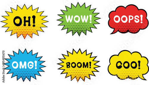 Comic Book Speech Bubbles Set: Retro Pop Art Exclamations with Halftone Dots, Burst Shapes & Bold Cartoon Expressions (Oh, Wow, Oops, OMG, Boom, Goo