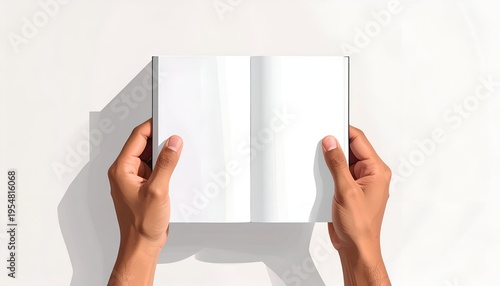 Two hands hold open book, pages blank, casting a shadow, isolated on a white surface
