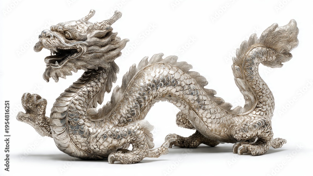 Fototapeta premium Antique Silver Dragon Sculpture, Mythical Creature, Oriental Art, Detailed, Majestic, Isolated on White Background
