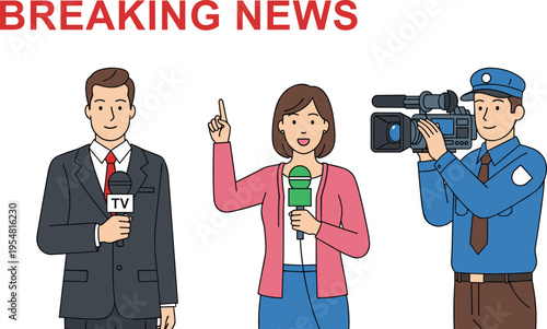 Breaking News Television Reporters and Cameraman Team with Microphones and Video Camera for Live Broadcast Journalism Media Coverage Vector Illustration