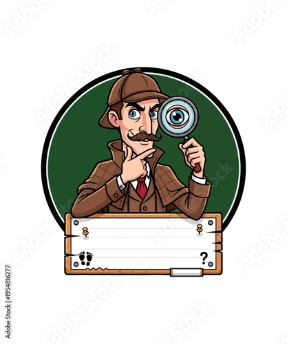 An astute cartoon detective character, in classic deerstalker hat and trench coat, intently examines clues with his magnifying glass.