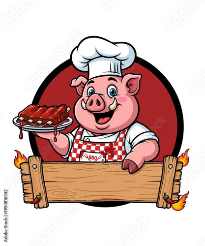 Cheerful cartoon pig chef holding a platter of delicious glazed barbecue ribs standing behind a sign