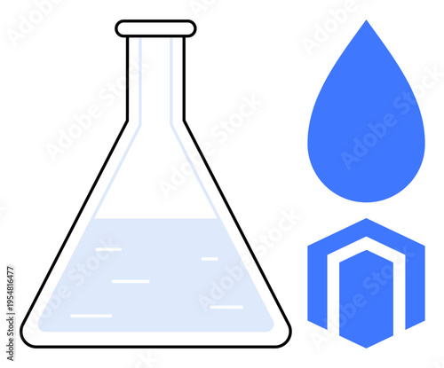 Science, research, innovation, chemistry, water studies, laboratory . A flask with liquid, a blue droplet and a geometric icon. Science and research concept combining visual elements