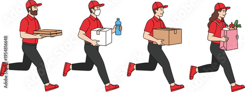 Delivery Courier Running with Packages Set Featuring Fast Food and Grocery Delivery Workers Carrying Boxes, Pizza, and Bags for Logistics Service Illustration