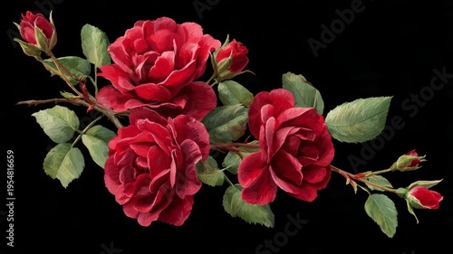 Vibrant red roses in full bloom on a dark background, a classic botanical illustration of a rose branch with delicate petals and green leaves.