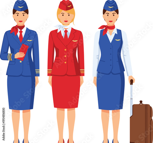 Female Flight Attendant Uniform Set with Professional Airline Stewardess Characters Standing with Passport, Ticket, and Luggage for Aviation Travel Service Illustration