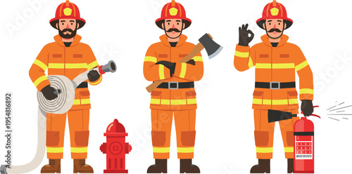 Firefighter Characters With Fire Hose Axe and Extinguisher Fire Safety Cartoon Vector Illustration