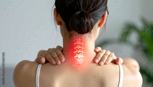 肩こりや首の痛みを感じるストレートネックの女性のイメージ  スマホ首