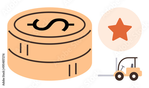 Economic growth, financial planning, logistics, delivery services, business rating, industrial management. Coin stack, forklift and star icon . Economic growth and financial planning visualization