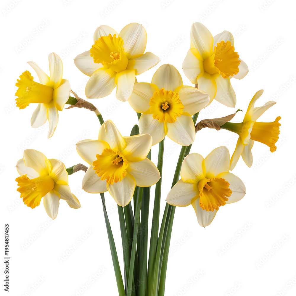 Fototapeta premium A bouquet of seven yellow and white daffodils on a white background flowers spring