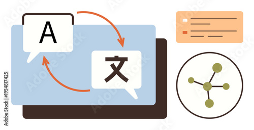 Language learning, translation tools, communication apps, technology, global interaction, networking. Speech bubbles with language symbols and arrows. Translation tools and communication concepts