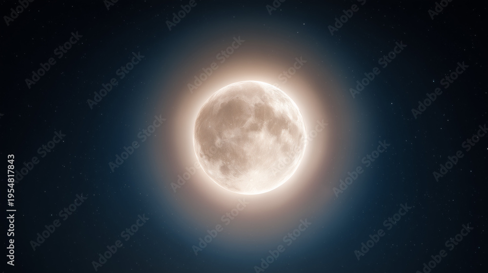 Fototapeta premium Glowing full moon with halo in clear dark night sky