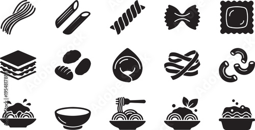 Variety of Pasta Delight: An array of pasta shapes and forms artfully arranged, showcasing the diverse culinary possibilities. Featuring classic noodles to filled ravioli and prepared dishes.