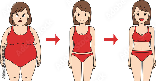 Weight Loss Transformation Concept Vector Illustration Showing Female Body Before and After Diet and Fitness Progress
