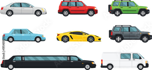 Various Car Types Collection Vector Including Sedan, SUV, Sports Car, Limousine, and Van for Transportation, Automobile Industry, and Travel Design