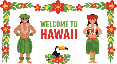 Welcome to Hawaii Tropical Banner with Hula Dancers, Toucan Bird, and Floral Lei Border Illustration