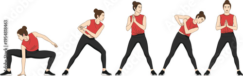Woman Fitness Warm Up and Stretching Exercise Sequence Set with Female Athlete Performing Workout Movements for Gym Training, Health, and Active Lifestyle Illustration